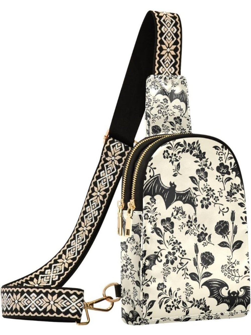 Women's Bat Flowers Leather Chest Fanny Pack Trip Small Shoulder Crossbody Bag